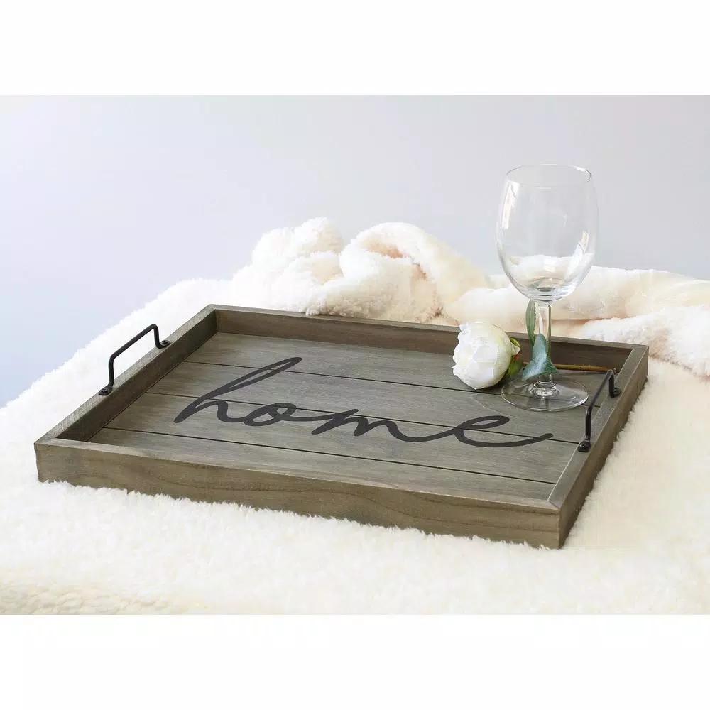 Elegant Designs Rustic Gray Wooden Decorative Serving Tray with Black Metal Handles