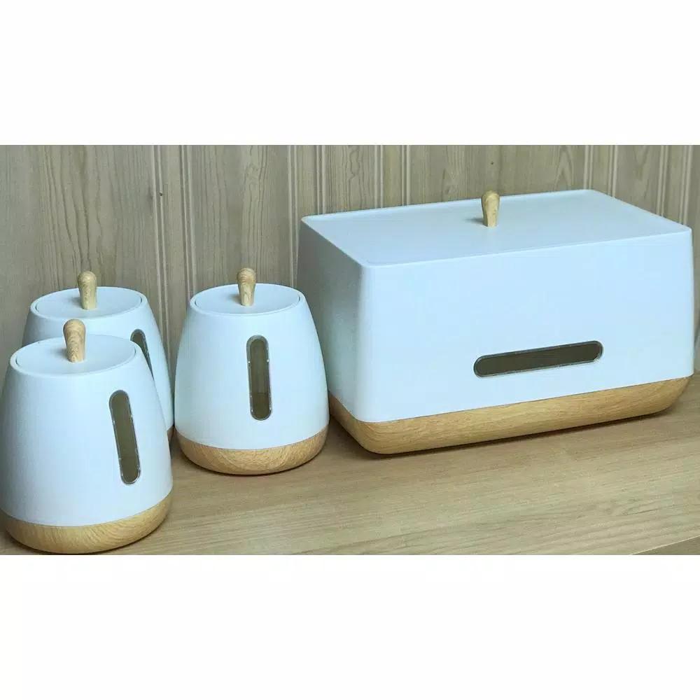 Jiallo European Collection 4-Piece Plastic Kitchen Canister and Bread Box Set, White
