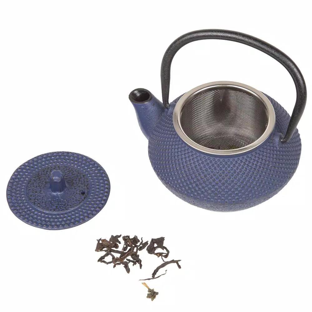 Creative Home Kyusu Blue Cast Iron Tea Pot with Removable Stainless Steel Infuser Basket, 10 oz.