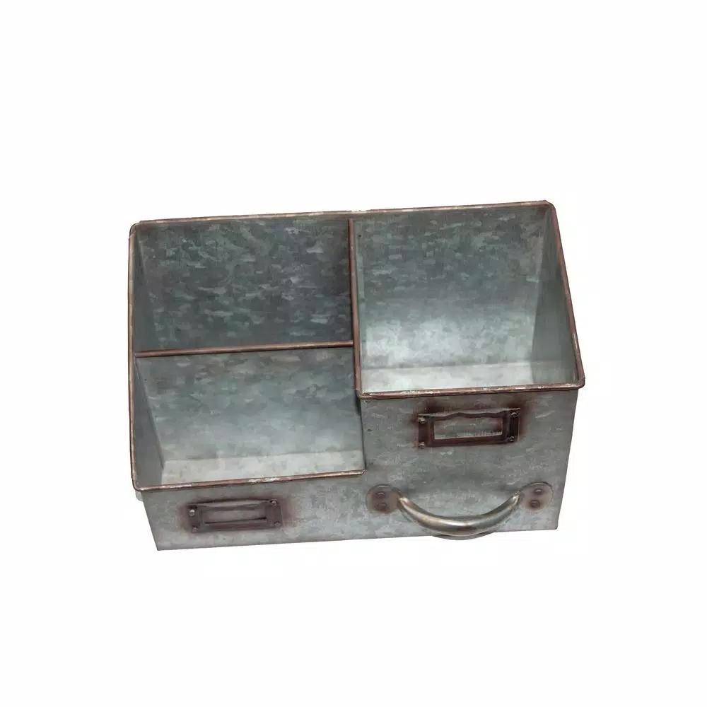 Benzara 3-Bin Galvanized Metal Tissue Box and Organizer with Label Slots