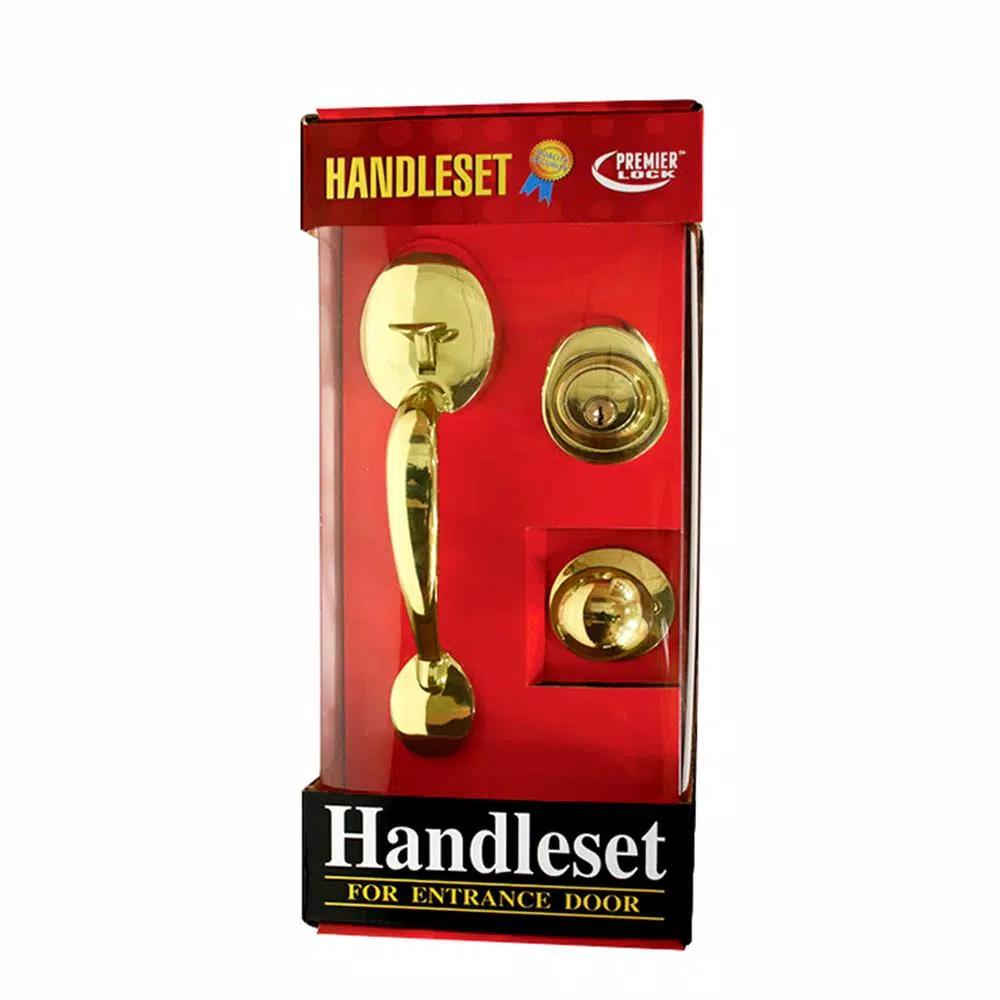 Premier Lock Polished Brass Single Cylinder Entry Door Handleset with Keyed Deadbolt and Inside Knob