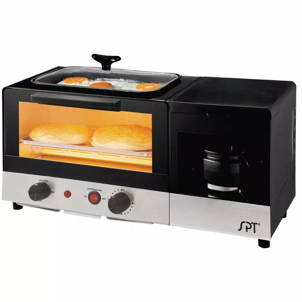 SPT 3-in-1 Breakfast Center 1450W Toaster Oven, Coffee Maker, and Griddle - Black and Stainless Steel