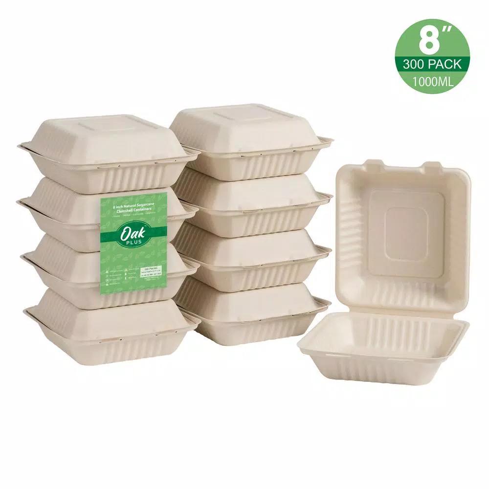Unbranded 8 in. Natural Sugarcane Clamshell Containers, Biodegradable & Compostable (300 Pack)