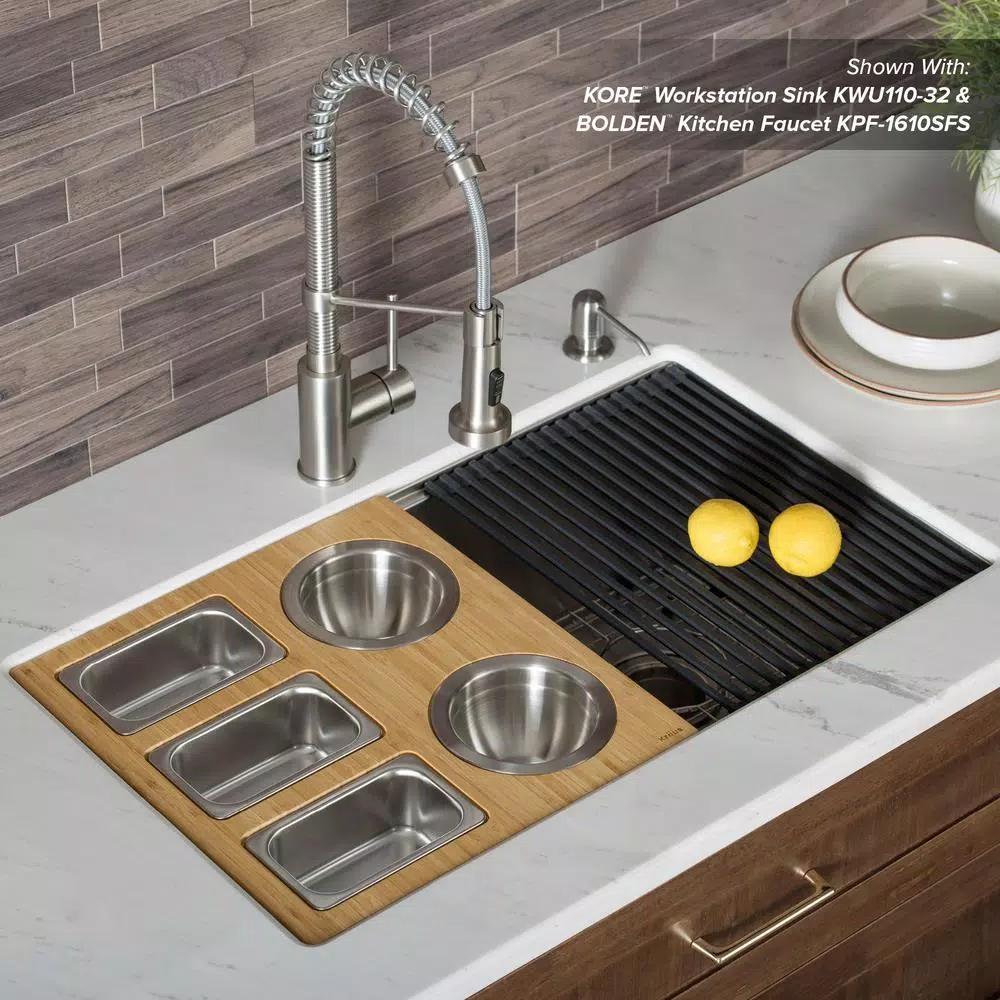 Kraus Workstation Kitchen Sink Accessory Set - Bamboo Serving Board & 5 Stainless Steel Prep Bowls