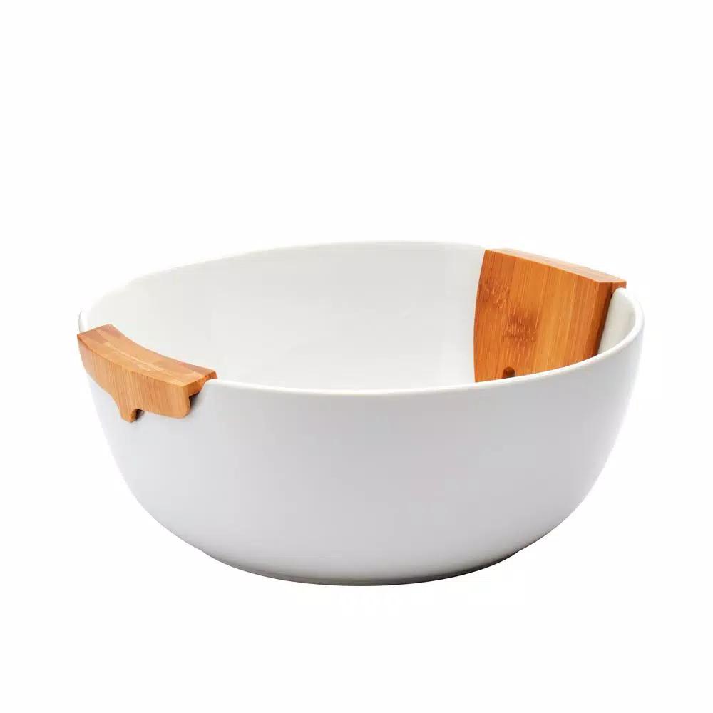 Unbranded 3-Piece White Porcelain Salad Bowl Set with Bamboo Servers