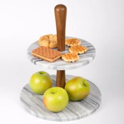 Creative Home 2-Tier Natural Marble and Acacia Wood Cake Dessert Stand, Round Pastry & Fruit Server thumbnail 4