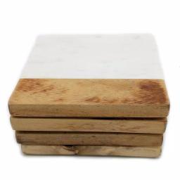 Unbranded Jodhpuri 4-Piece Opal White Marble and Acacia Wood Coaster Set thumbnail 2