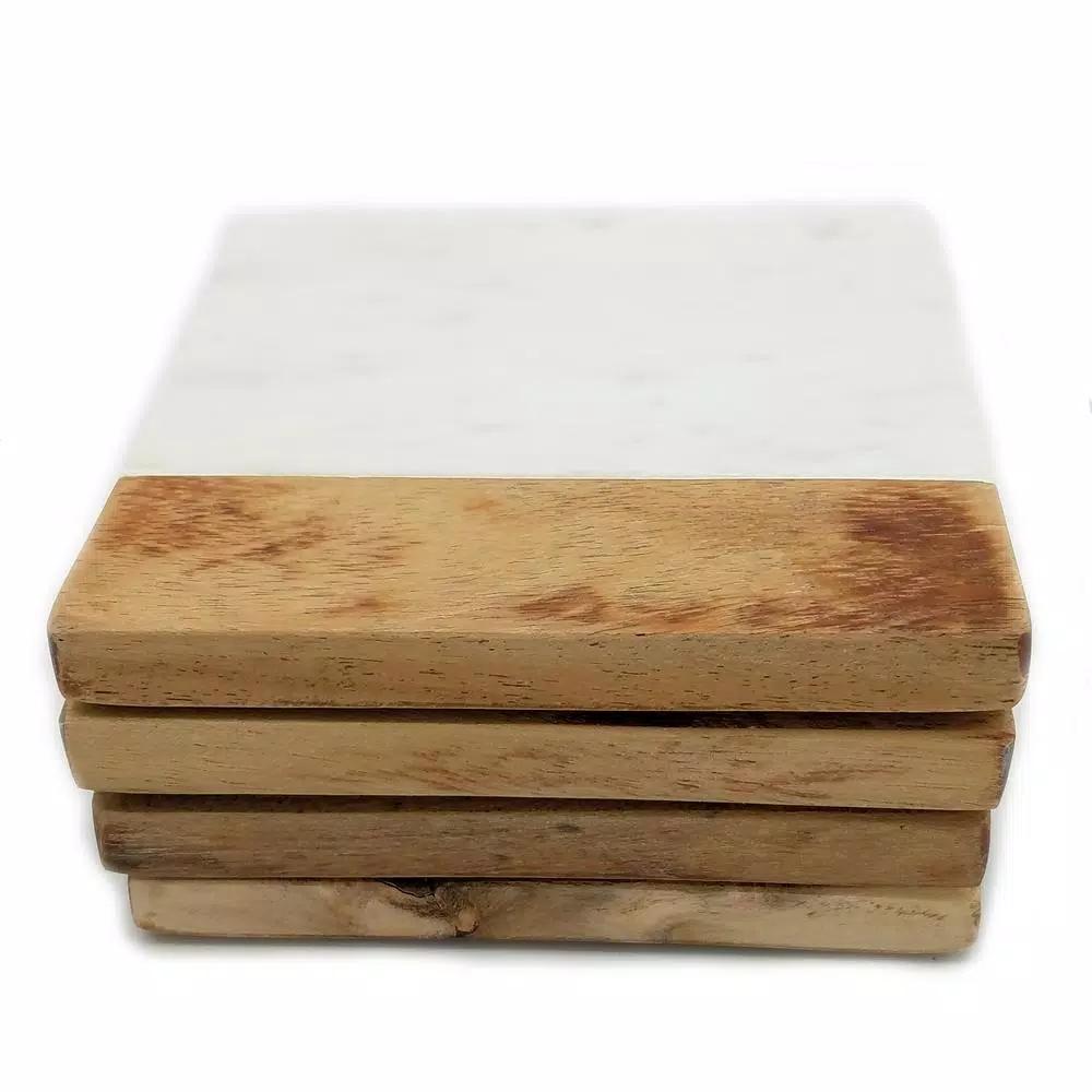 Unbranded Jodhpuri 4-Piece Opal White Marble and Acacia Wood Coaster Set