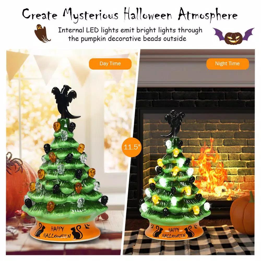 Costway 11.5 in. Green Ceramic LED Haunted Halloween Tree with Ghost and Skeleton Accents