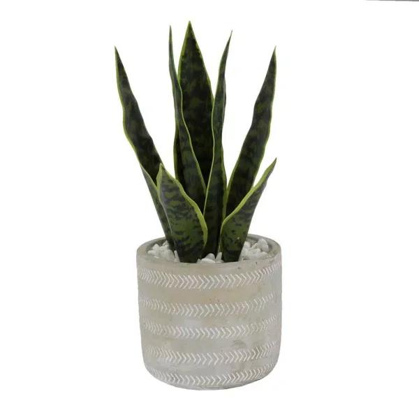 Flora Bunda 12 in. Faux Snake Plant in 4.75 in. Arrow Pattern Cement Planter
