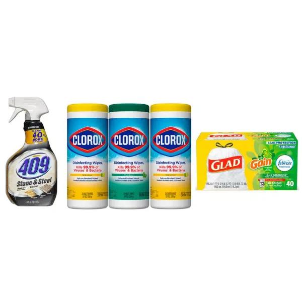 Clorox Formula 409 Stone & Steel, Clorox Disinfecting Wipes & Glad OdorShield Trash Bag Cleaning Bundle