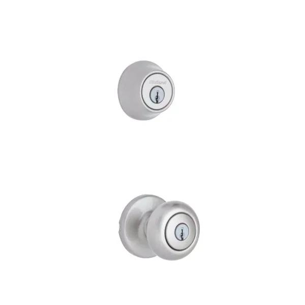 Kwikset Cove Satin Nickel Keyed Entry Door Knob and Single Cylinder Deadbolt Combo Pack