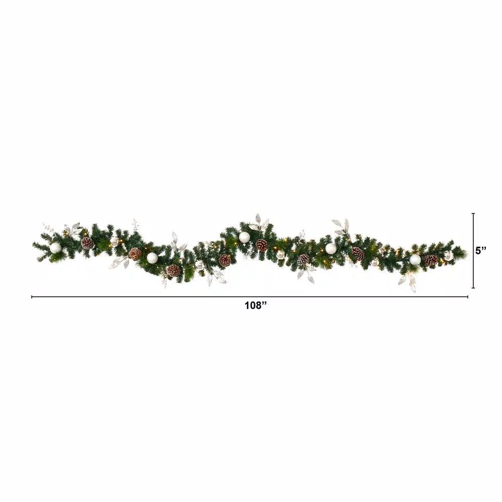 Nearly Natural 9 ft. Pre-lit Artificial Christmas Garland with Ornaments and Pinecones, 50 Clear LED Lights, Battery Operated