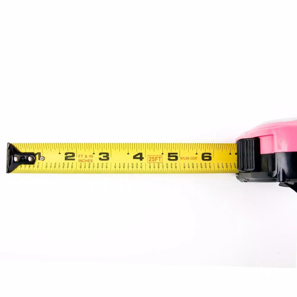Apollo Tools 25.5 ft. Tape Measure, Pink Nylon-Coated Steel Blade with Belt Clip