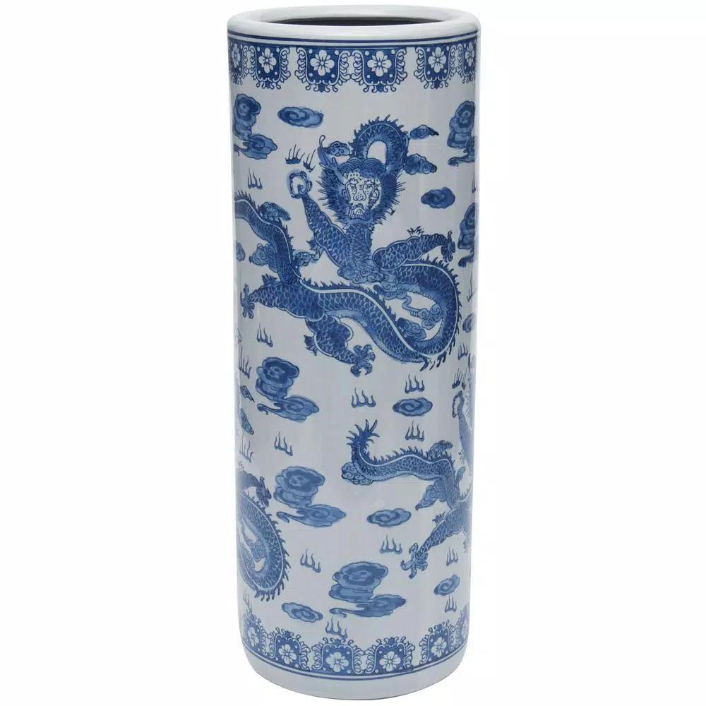 Unbranded 24 in. Blue and White Porcelain Dragon Umbrella Stand and Floor Vase