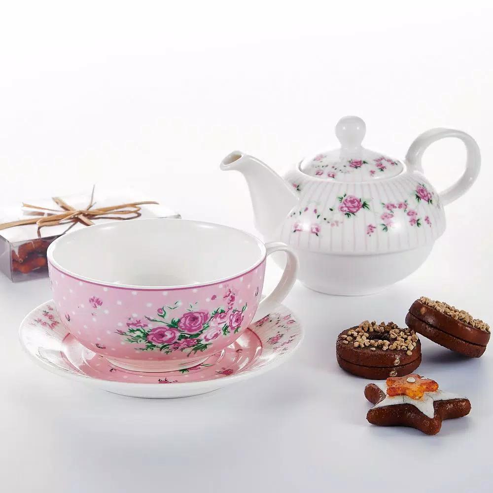 MALACASA Elegant Porcelain Tea Set for One - 3 Piece Teapot, Teacup and Saucer Set, White with Pattern