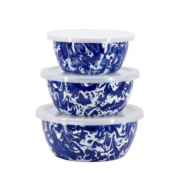 Golden Rabbit Cobalt Swirl 3-Piece Enamelware Bowl Set with Lids