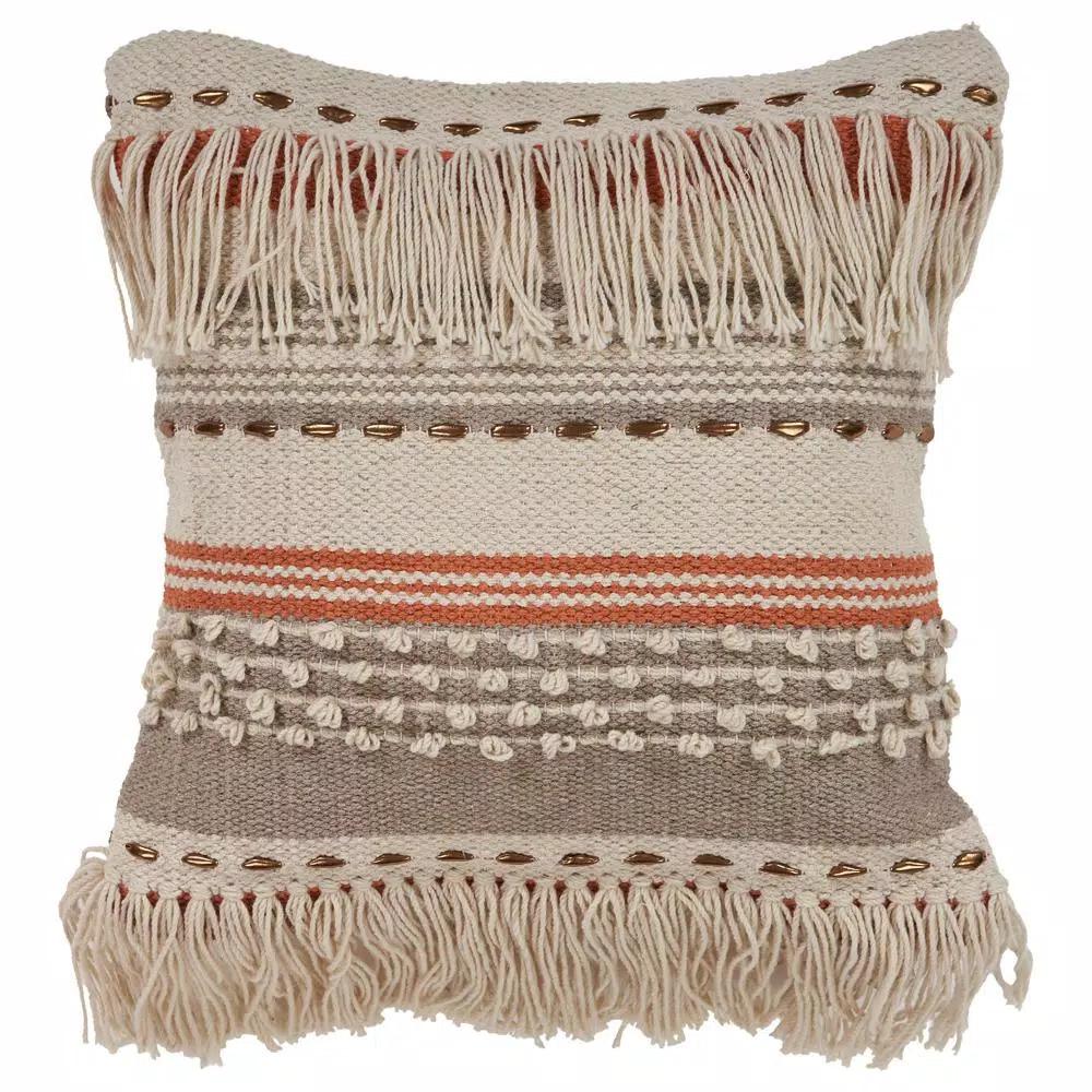 LR Resources Chic Beige Striped Fringe Throw Pillow - 18 x 18 in. Cotton Cover Hypoallergenic Polyester Fill
