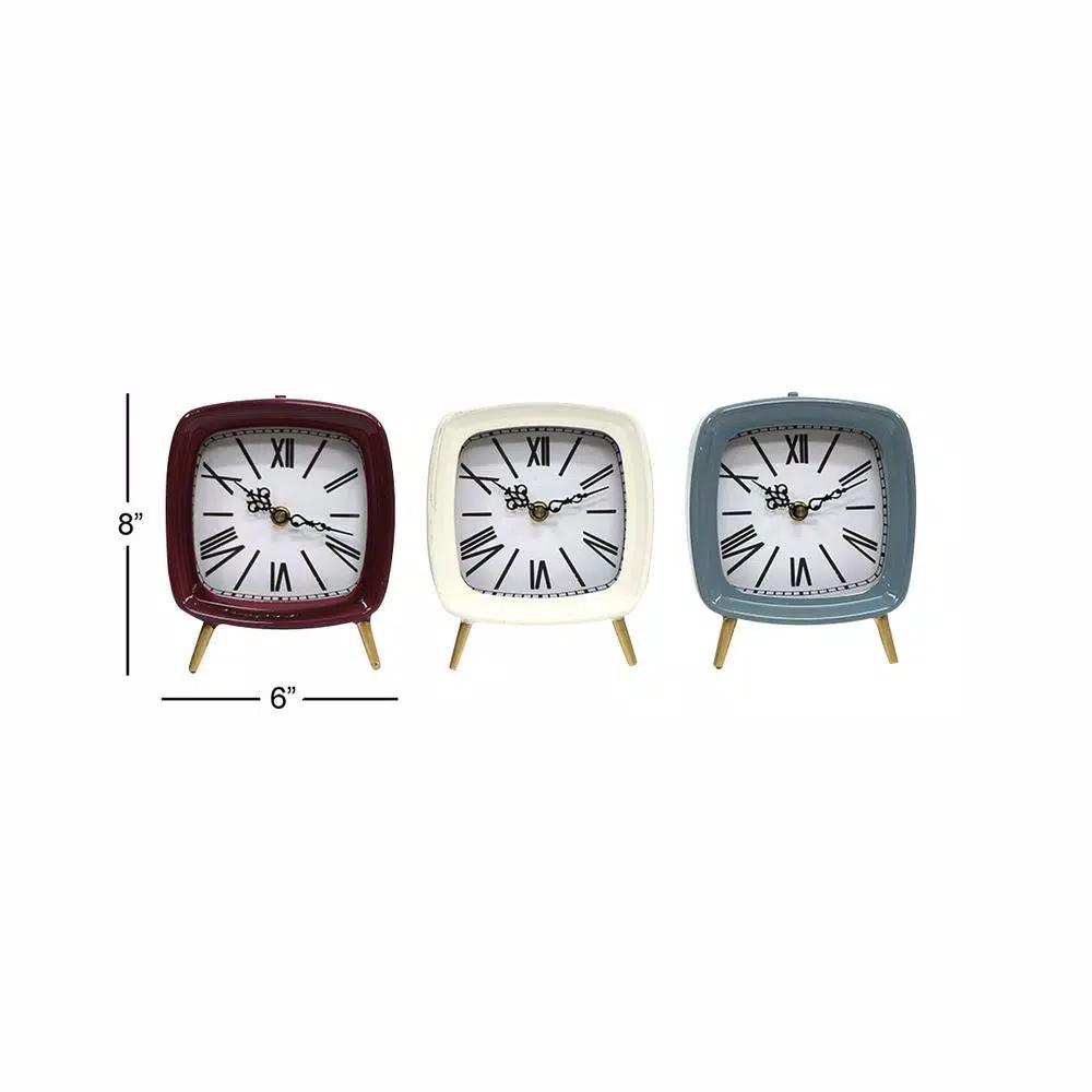 LITTON LANE Set of 3 Square Metal Table Clocks with Gold Feet and Retractable Stands - Mauve, White, and Blue