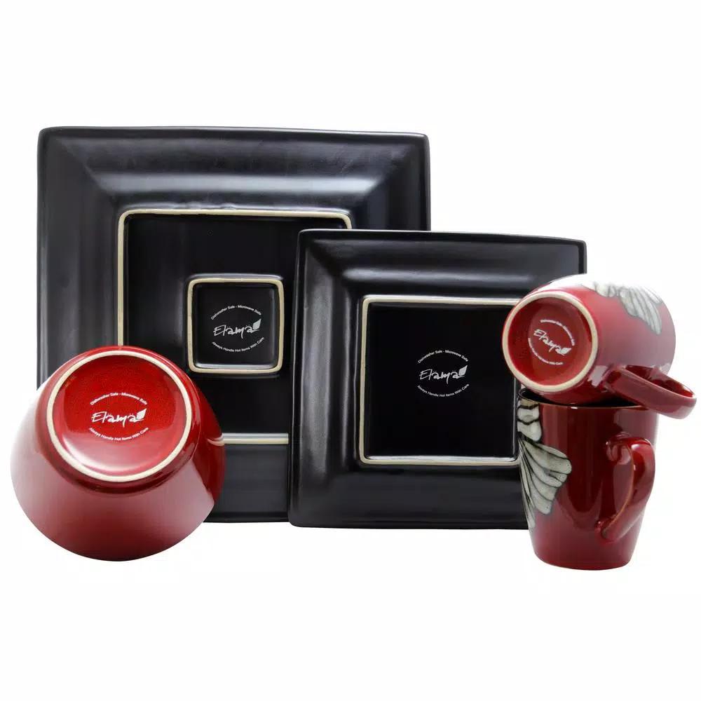 Elama Winter Bloom 16-Piece Red Stoneware Dinnerware Set, Asian Inspired Square Design, Service for 4