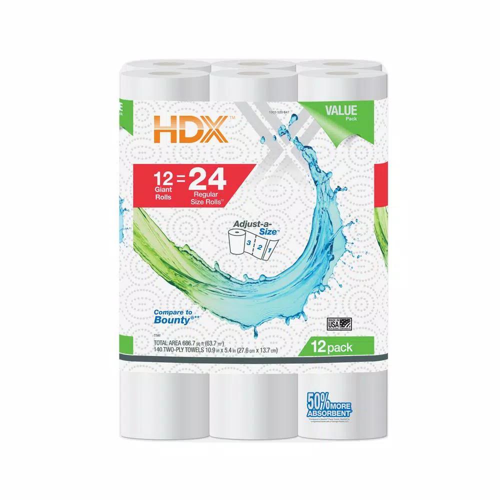 HDX 2-Ply Paper Towels, Ultra Absorbent, Adjust-A-Size, 12 Rolls