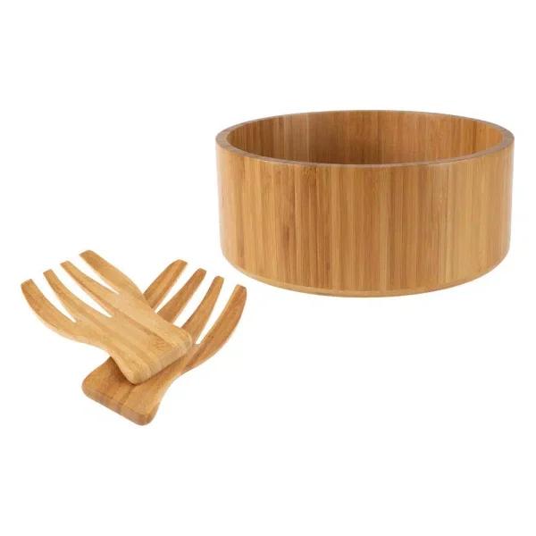 Classic Cuisine 10.25 in. Round Bamboo Salad Bowl Set with Two Utensils