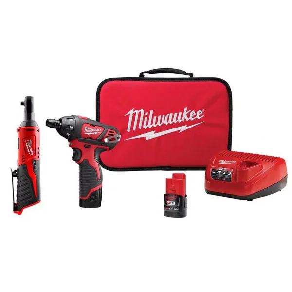 Milwaukee M12 12V Lithium-Ion Cordless 1/4 in. Hex Screwdriver and 1/4 in. Ratchet 2-Tool Combo Kit