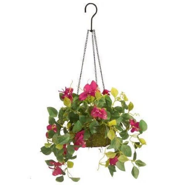 National Tree Company 9 in. Artificial Pink Bougainvillea Hanging Basket with Wicker Pot
