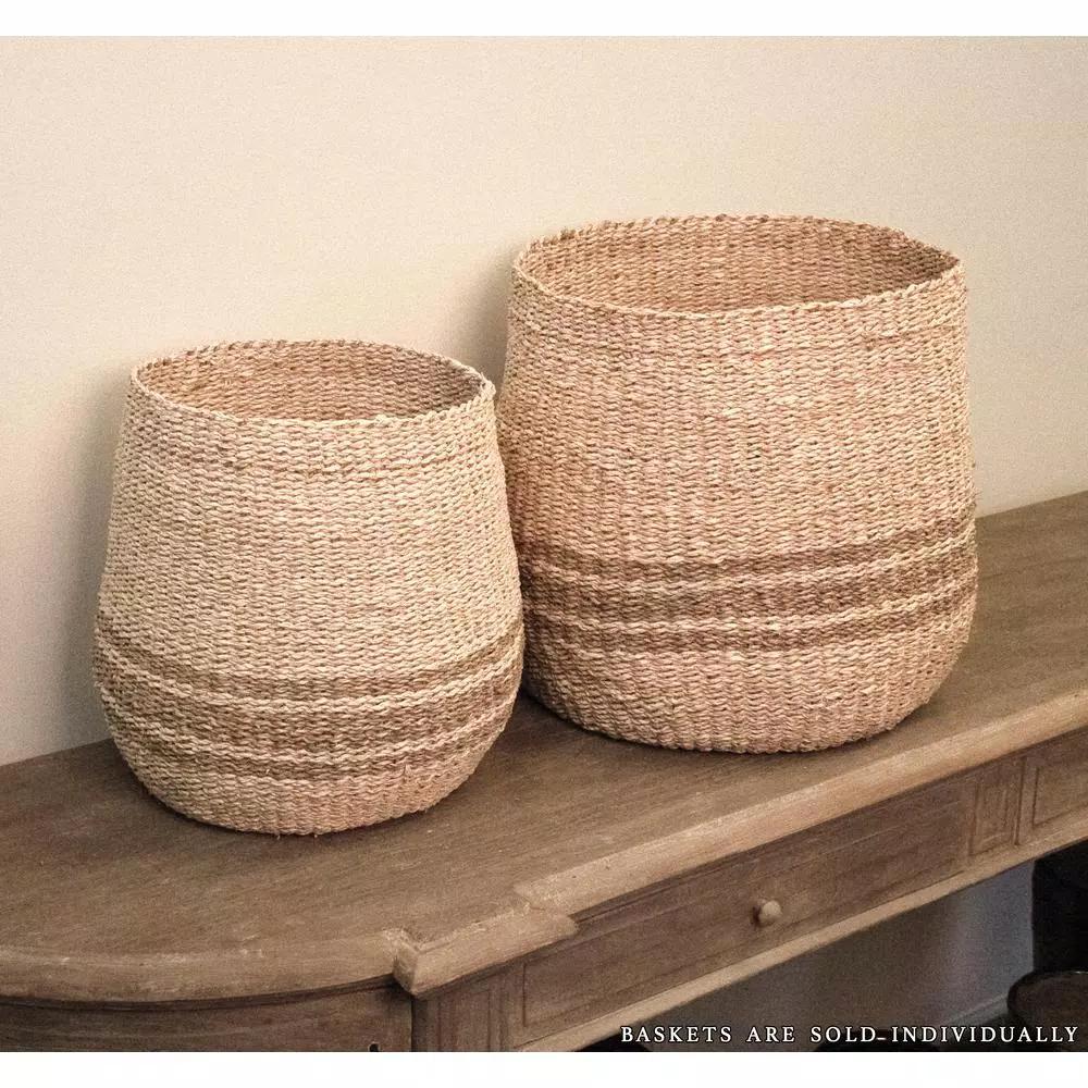 Zentique Hand Woven Seagrass and Palm Leaf Large Decorative Basket with Dark Pin Stripes