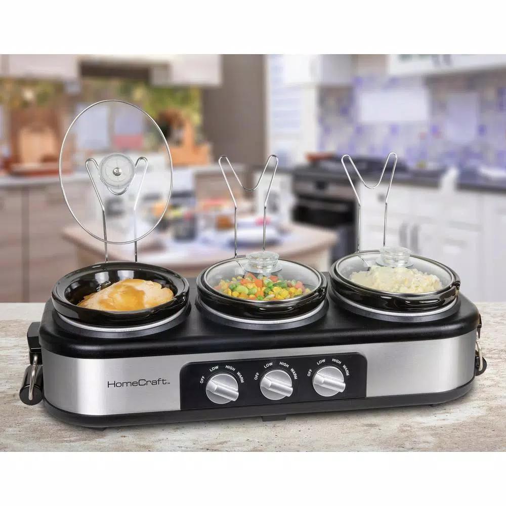 HomeCraft 3-Station Stainless Steel Slow Cooker Buffet with 3 Removable 1.5 qt. Ceramic Pots