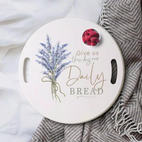 P Graham Dunn White Give Us This Day Decorative Wood Tray, Round Cottage Style