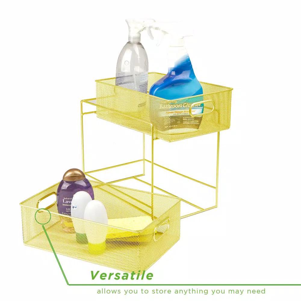 MIND READER Modern Yellow Metal Mesh 2-Tier Utensil Caddy and Flatware Organizer
