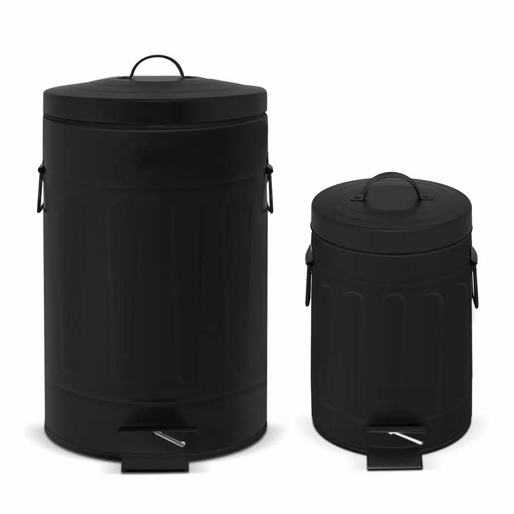 Innovaze New York Style Round Black Metal Step-On Trash Can Set - 12L & 3L Capacity