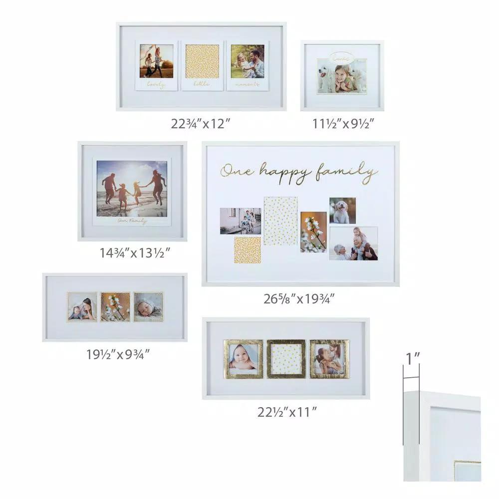 Pinnacle One Happy Family White and Gold Gallery Wall Photo Frame Set, 6 Piece Wood Frame Kit