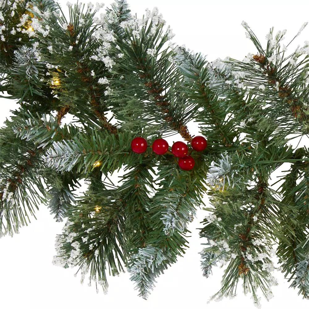 Nearly Natural 9 ft. Pre-lit Frosted Swiss Pine Artificial Garland with 50 LED Lights and Berries