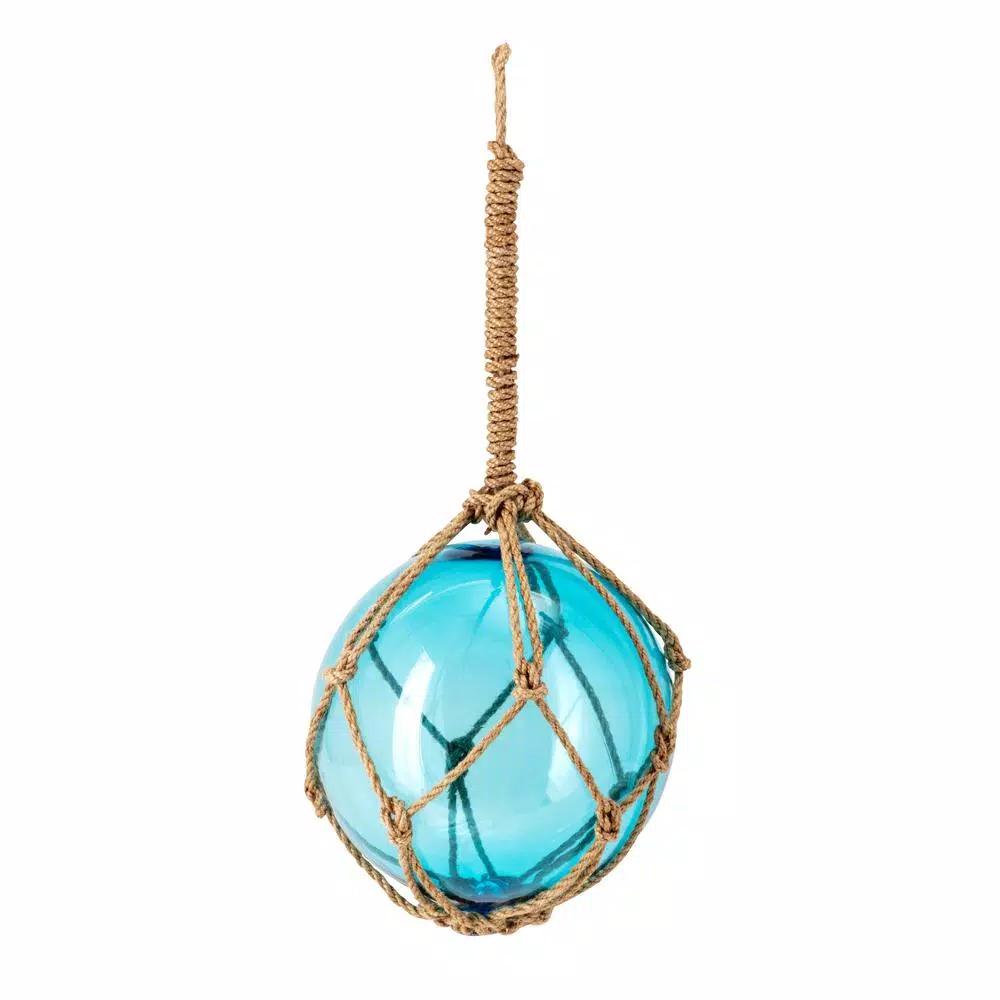 IMAX Worldwide Home Blue Glass Floats with Jute Rope Netting - Set of 3 Coastal Nautical Decor