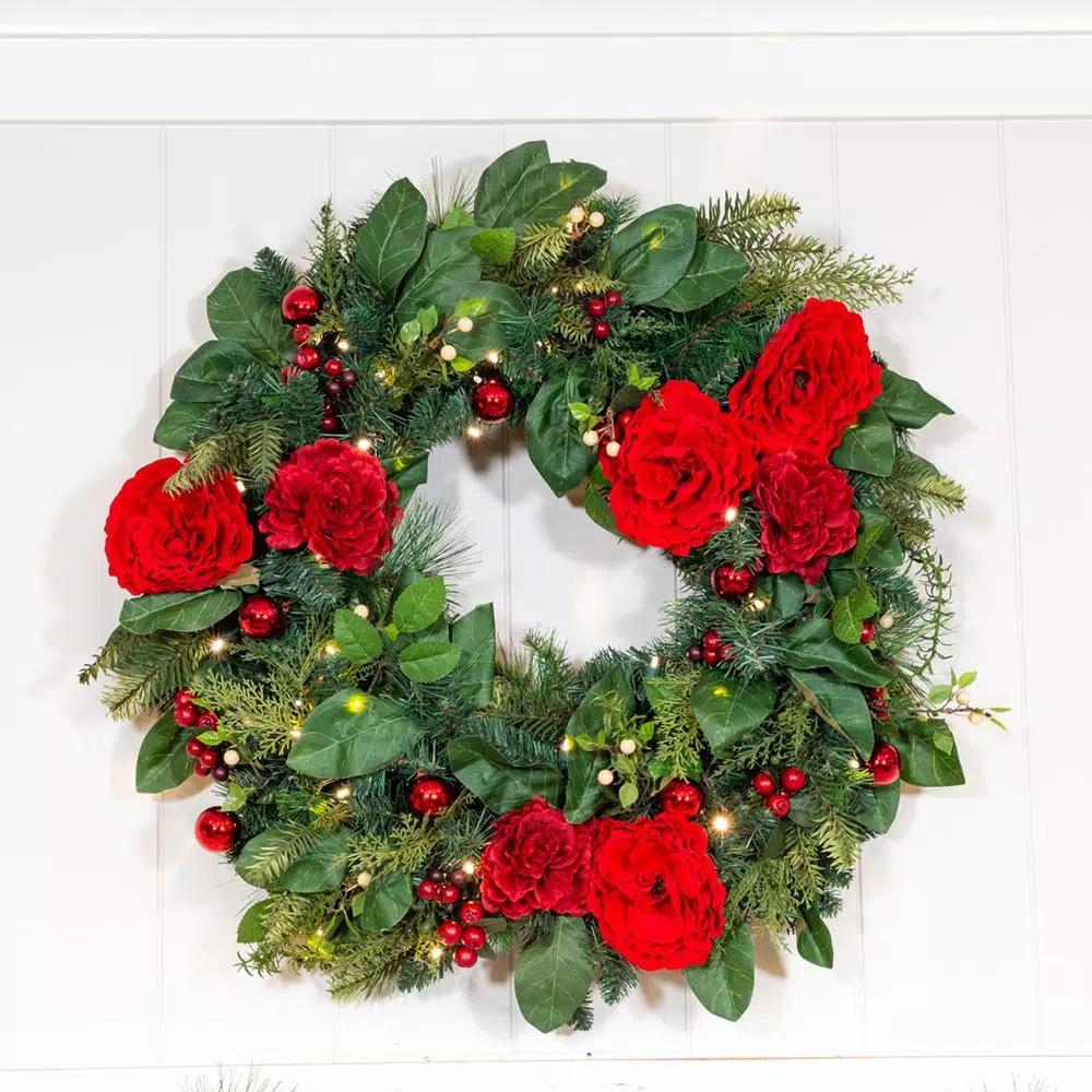 Village Lighting Company 30 in. Pre-Lit Red Peony and Berry Artificial Christmas Wreath with 50 LED Lights