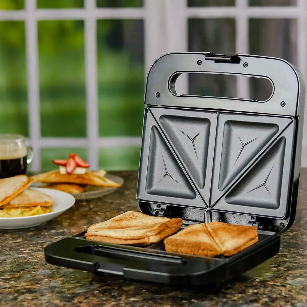 Ovente GPS401 2-Slice Electric Sandwich Maker, 750W Non-Stick Grill, Stainless Steel, Black