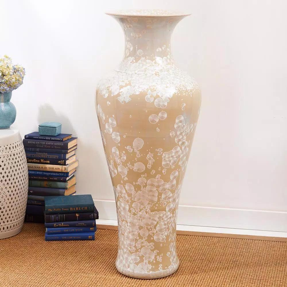 Two's Company 41.25 in. Ivory Porcelain Floor Vase with Mother of Pearl Effect
