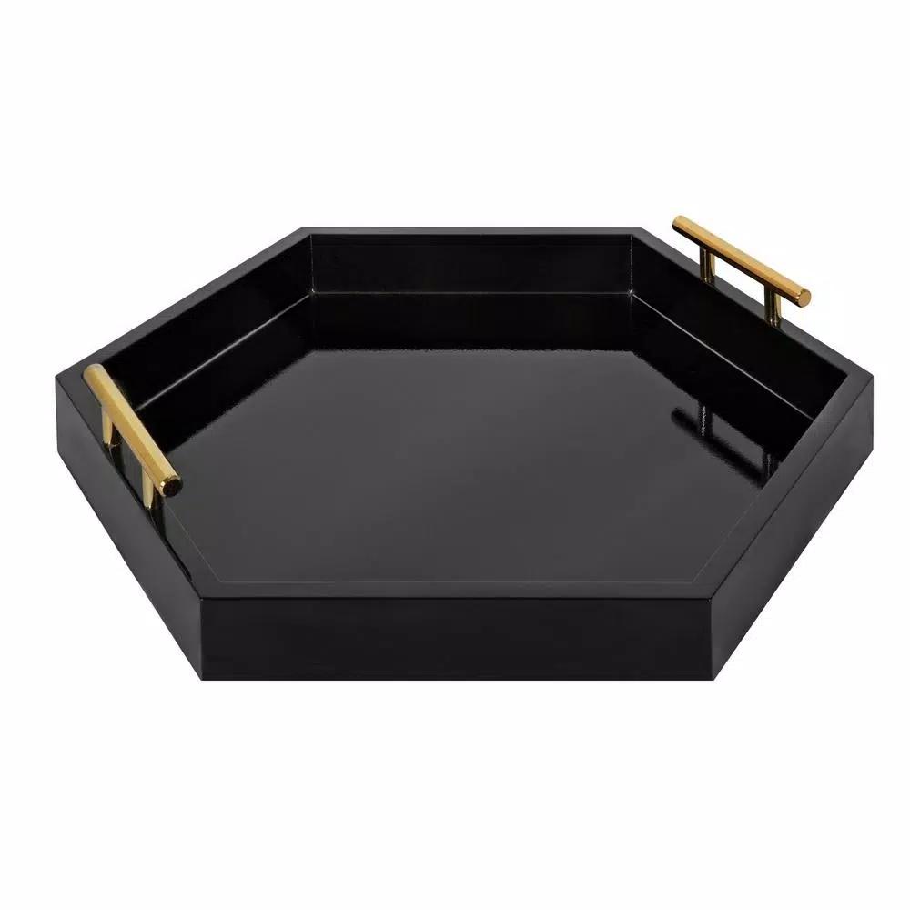 Kate and Laurel Lipton 18 in. Black and Gold Hexagon Decorative Serving Tray with Metal Handles