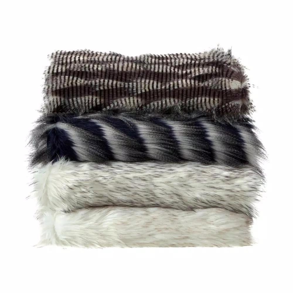 Unbranded Caron Navy Reversible Faux Fur and Micromink Throw Blanket, 50 in. x 60 in.