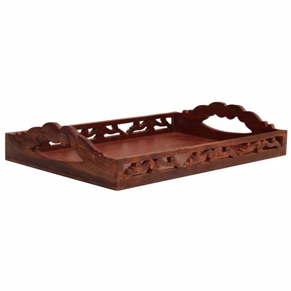 Benzara Carved Brown Wooden Serving Tray with Intricate Cutout Handles
