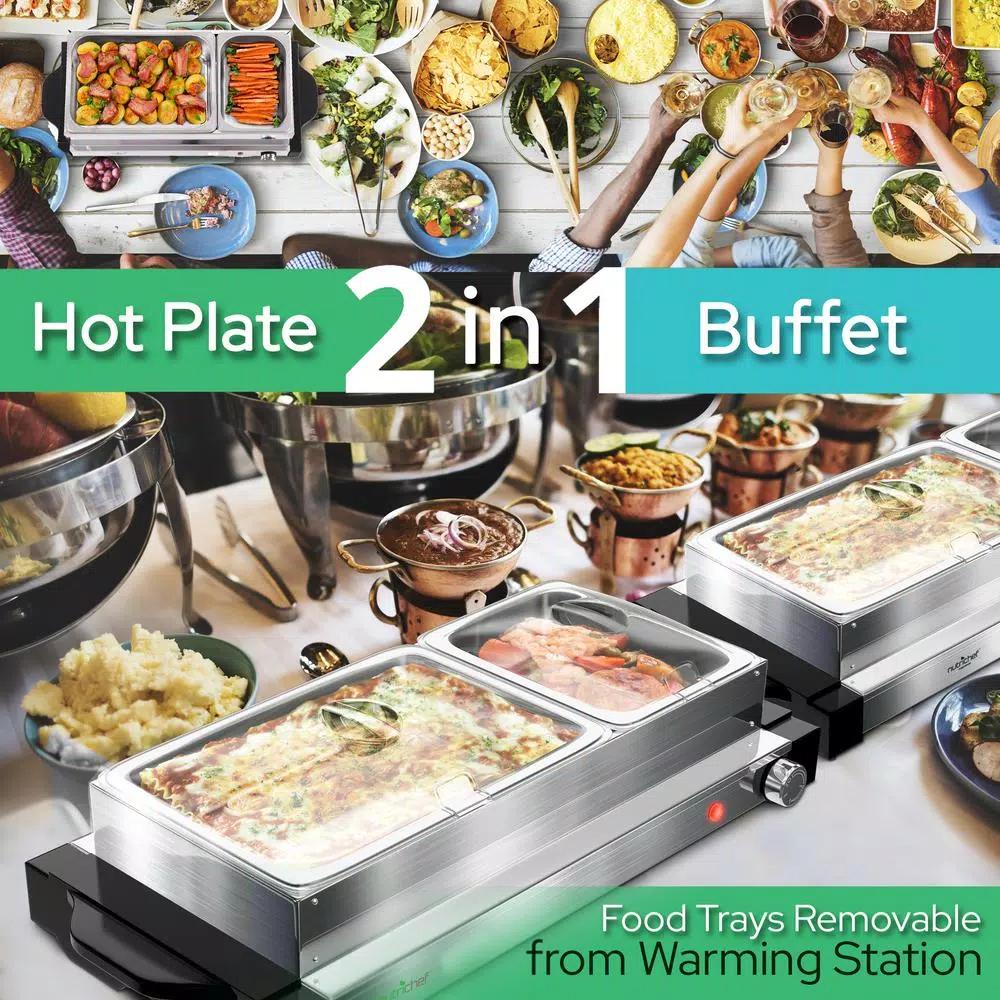 NutriChef 21.9 in. Stainless Steel Dual Plate Electric Food Warming Tray Buffet Server