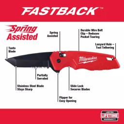 Milwaukee FASTBACK Spring-Assisted Folding Knife, 2.95 in. Stainless Steel Tanto Blade thumbnail 2