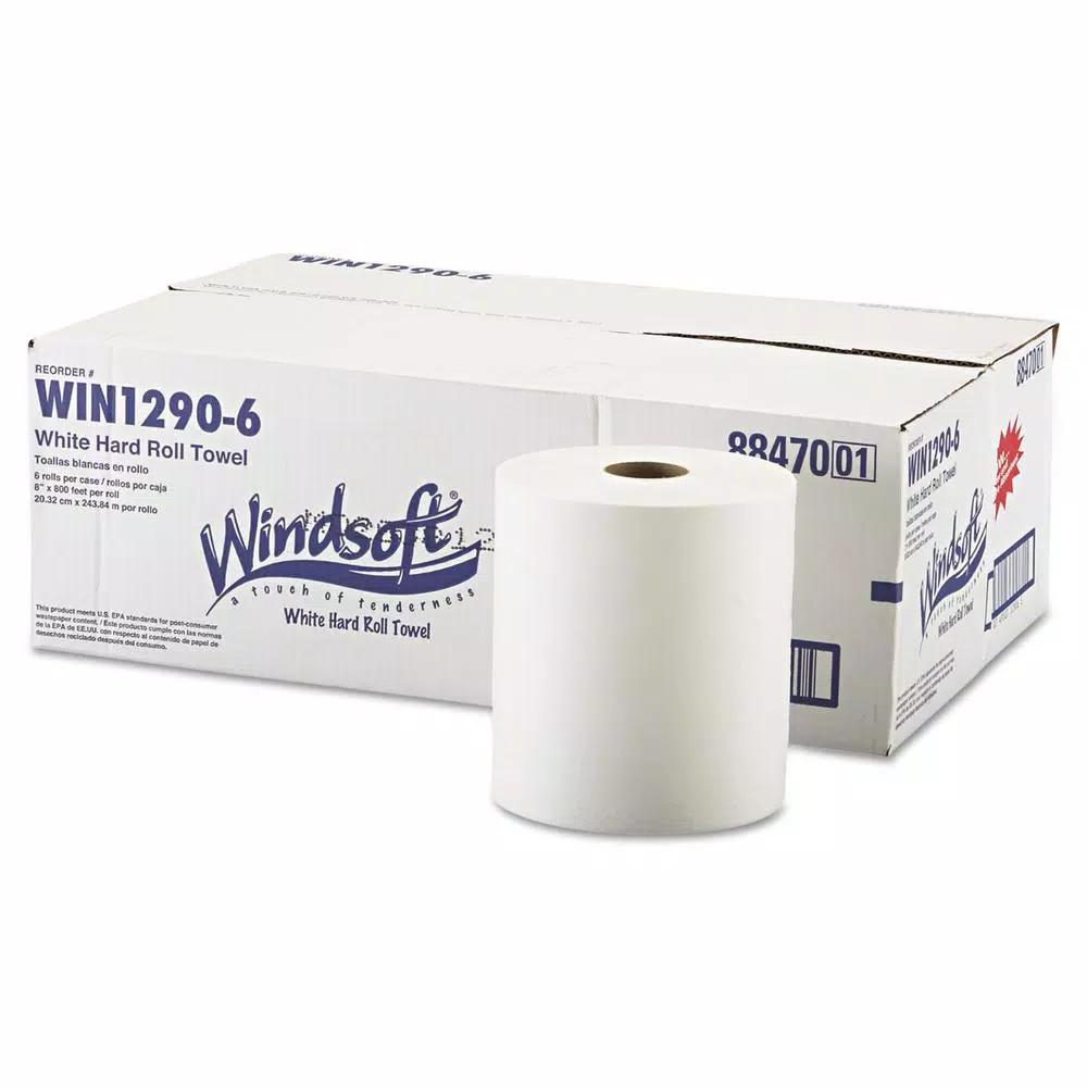 Windsoft Hardwound Roll Towels, 8 in. x 800 ft, White, 1-Ply (6 Rolls per Carton)