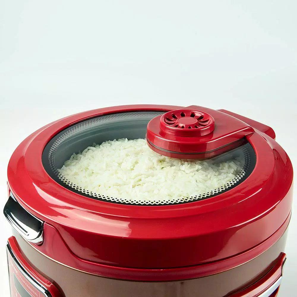 AROMA 20-Cup Red Rice Cooker and Slow Cooker with Glass Lid, 11 Programmable Functions