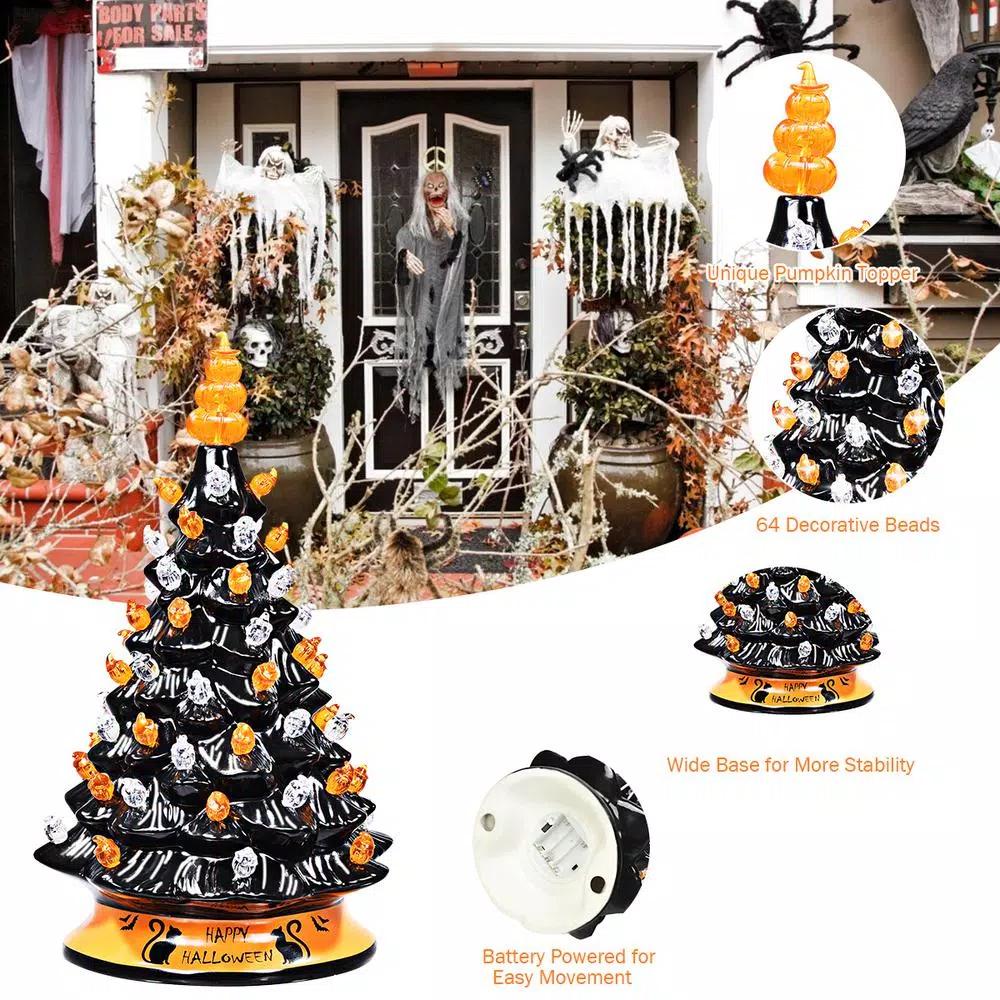 Costway 15 in. Black Ceramic Hand-Painted Halloween Tree with LED Lights and Pumpkin Top