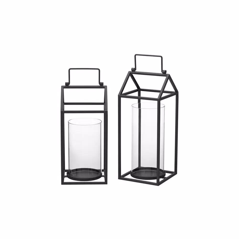 StyleWell Black Metal and Glass Candle Lantern Set of 2, Hanging or Tabletop