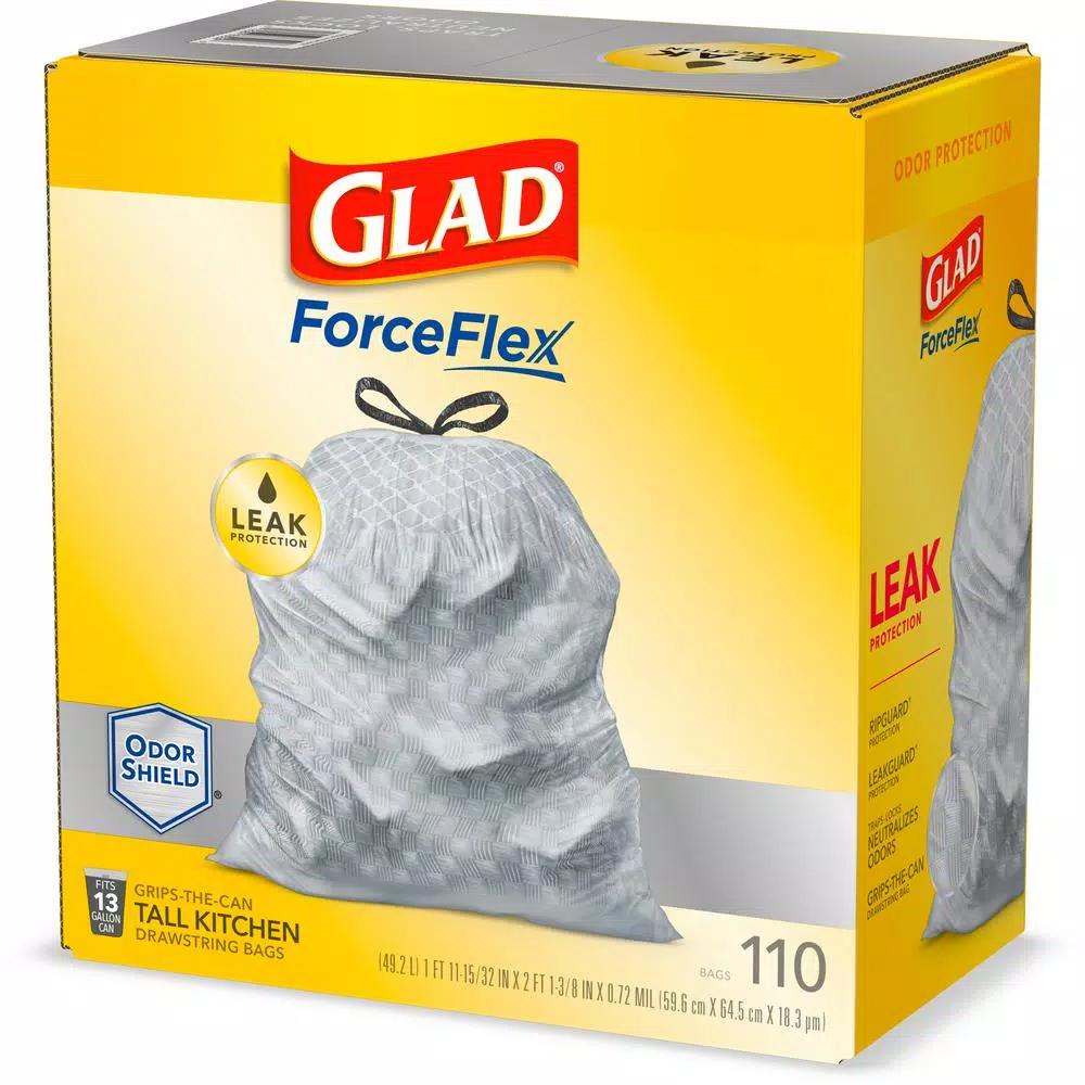 Glad ForceFlex 13 Gallon Tall Kitchen Drawstring Trash Bags, OdorShield, 110 Count