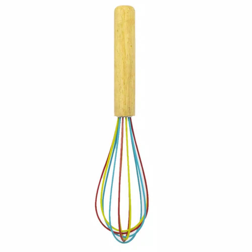 ExcelSteel 10 in. Silicone Tri-Color Whisk with Comfortable Wooden Handle
